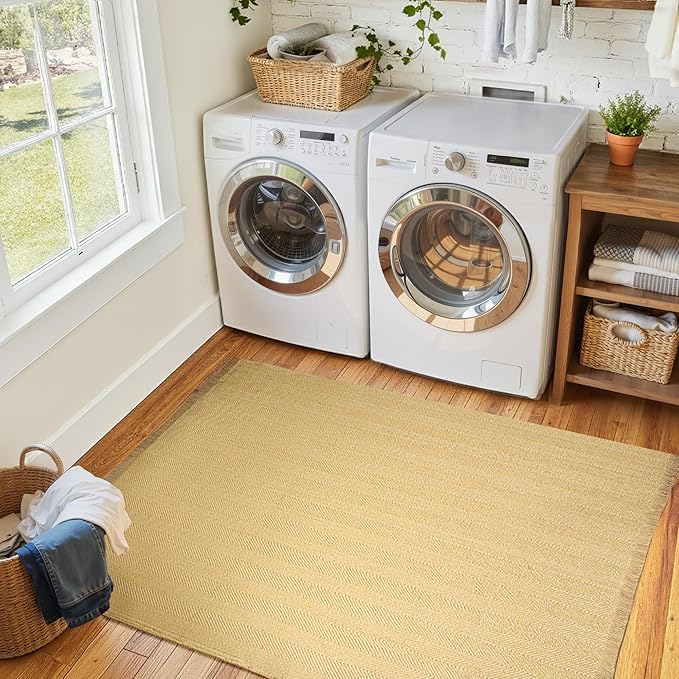BESTSWEETIE 4x6 Washable Rug Hand-Woven Low Pile Soft Modern Farmhouse Bohemian Decor Reversible Braided Rugs with Tassels Throw Carpet for Living Room Bedroom Entryway Bathroom, Natural Jute