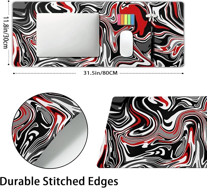 aportt Black Red Swirl Gaming Mouse Pad XL Gray Marble Grey Fluid Design Extended Large Mat Mousepad Desk Pad Non-Slip Rubber Base Stitched Edge Long Keyboard Pad for Computer,31.5×11.8 Inch