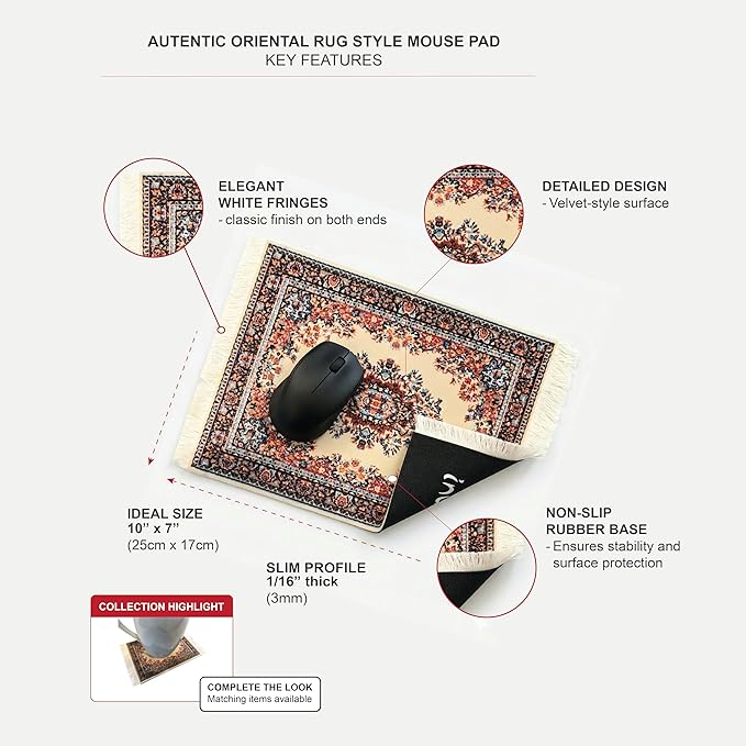 3-Piece Carpet-Style Desk Set – Beige Brown Mouse Pad, Mini Rug Coaster & Bookmark, Colorful Elegant Office Accessories, Novelty Gift