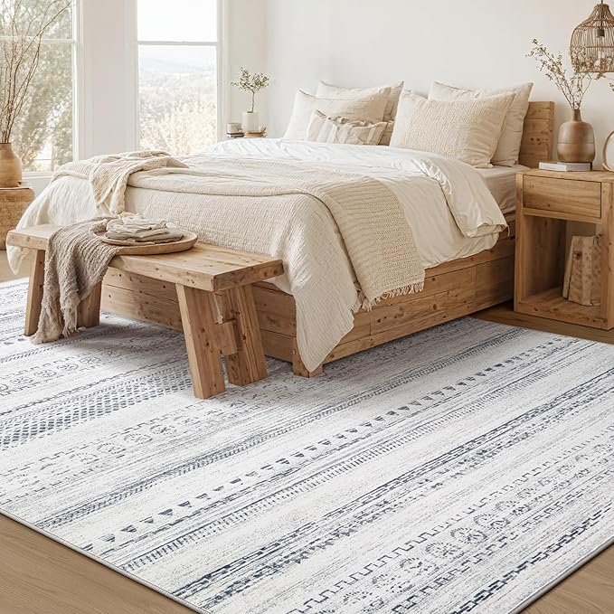 Area Rug Living Room Rugs - 7X9 Washable Boho Farmhouse Bohemian Neutral Large Moroccan Geometric Soft No Slip Indoor Thin Floor Carpet for Bedroom Under Dining Table Home Office - Grey
