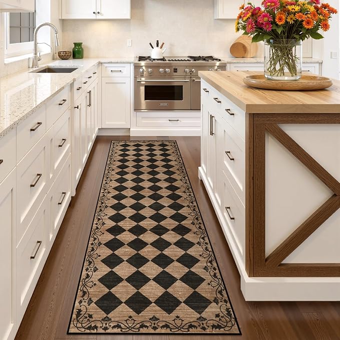 Beeiva Checkered Hallway Runner Rug 2.5x8 Vintage Kitchen Runner Rugs Non Skid Washable 8ft, Stain Resistant Ultra Thin Entryway Decor Framhouse Fall Diamond Carpet for Bathroom Besides (Brown/Black)