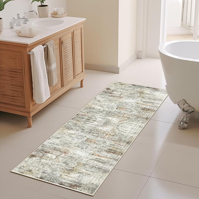 2x5 Rug Runner Washable for Entryway, Soft Bathroom Rugs with Non-Slop Backing, Abstract Low Pile Hallway Runner, Vintage Small Kitchen Carpet for Stair, Laundry Room(2'x5', Grey/Rust)