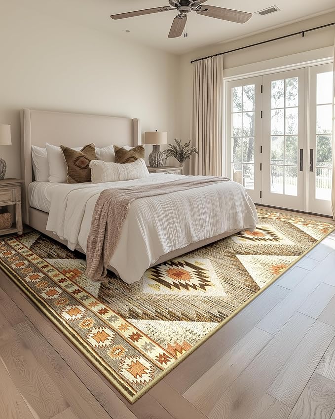 Area Rug 5x7 Rug Machine Washable Non-Slip Low Pile Print Pattern Western Rug for Living Room Bedroom Entryway Tribal Series -Cream/Camel
