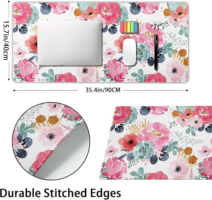 Pink Green Flowers Gaming Mouse Pad XXL Cute Watercolor Floral Pretty Extended Desk Pad Trendy Pastel Large Mousepad Non-Slip Rubber Base Stitched Edge Long Table Mat for Desktop, 35.4 x 15.7 inch