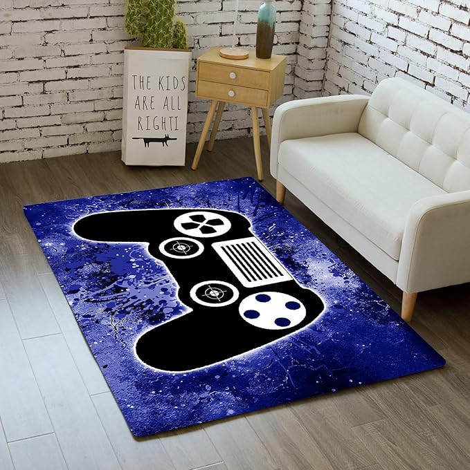 Blue Gaming Area Rugs Game Gamepad Carpets for Gamer Boys Teens 3D Printed Large Floor Mats for Bedroom Dining Room Living Room Decor Playroom
