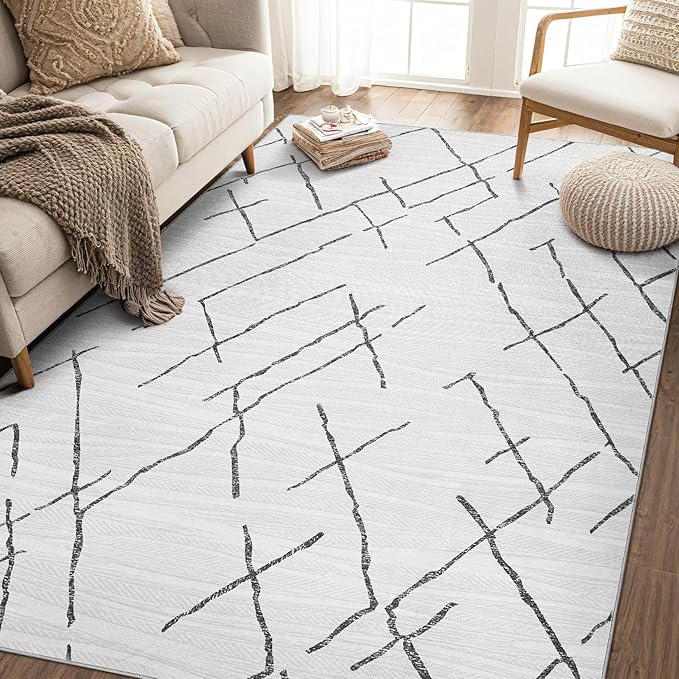 Area Rug Living Room Rugs - 8X10 Washable Boho Farmhouse Bohemian Neutral Large Moroccan Geometric Soft No Slip Indoor Thin Floor Carpet for Bedroom Under Dining Table Home Office - Light Grey