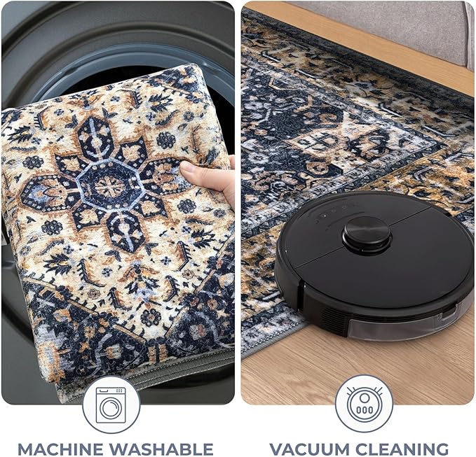 KOZYFLY Boho Area Rug 5x7 Ft Thin Rugs for Living Room Washable Bedroom Rug Non Slip Rugs Gold Navy Printed Faux Wool Vintage Bedroom Rug Floor Carpet for Dining Room Living Room
