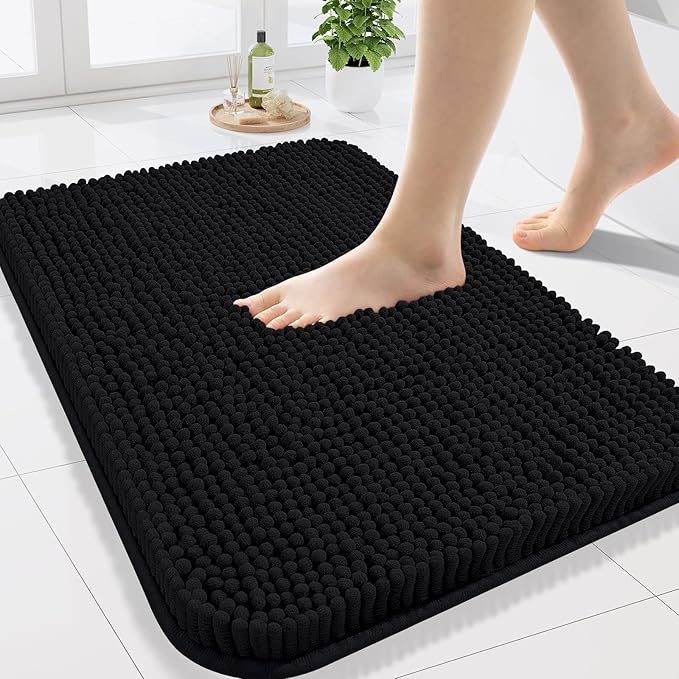 Arotive Bathroom Rugs 24x16, Extra Soft Absorbent Shaggy Chenille Bath Rugs, Machine Washable Rubber Backing Non-Slip Bath Mats for Bathroom Floor Tub and Shower, Home Decor Accessories, Black