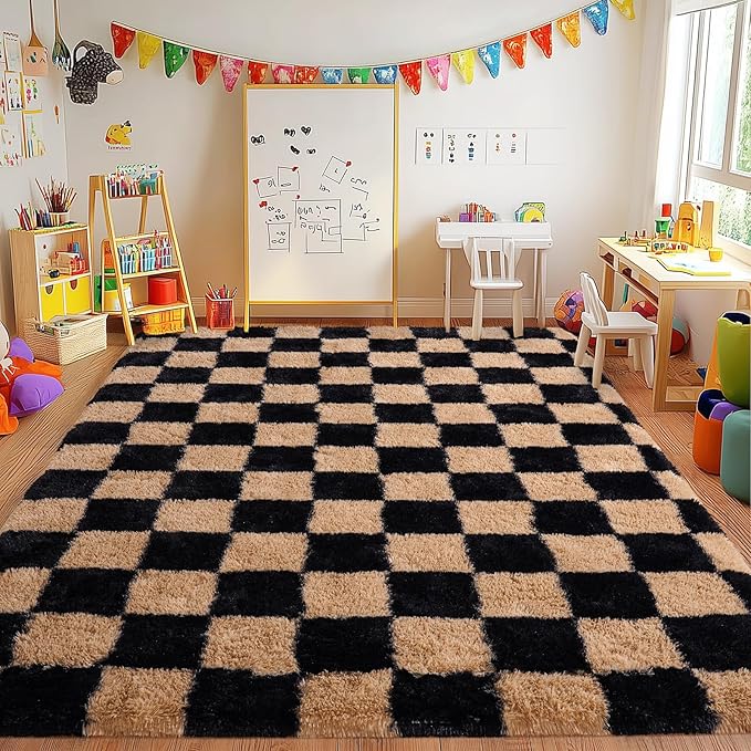 Checkered Rug 4x6 for Bedroom, Fluffy Plush Area Rug Non Slip, Modern Indoor Shag Rugs for Living Room Girls Kids Room Nursery Dorm Home Decor, Black and Beige
