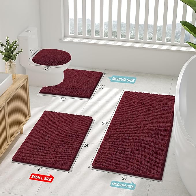 Smiry Luxury Chenille Toilet Rugs U-Shaped 24x20, Soft Absorbent Non-Slip Contour Bathroom Rugs for Toilet, Machine Washable Contoured Bath Mats, Burgundy