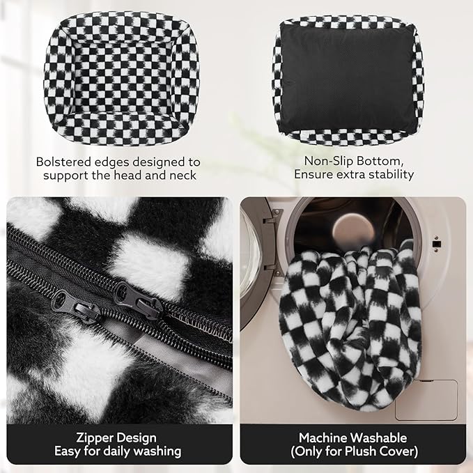 JOEJOY Large Dog Beds Large Sized Dog, Removable Washable Cover Orthopedic Soft Faux Rabbit Fur Pet Bed, Anti-Slip Fluffy Plush Faux Rabbit Fur Puppy Bed, 36"x27"x8", Checkered, Black