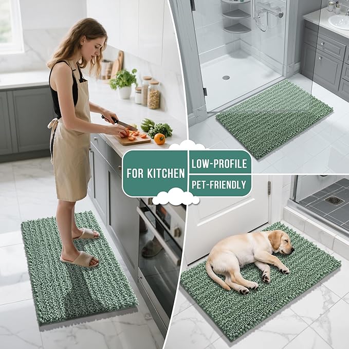 Yimobra Bathroom Runner Rug 55x24 Inch - Extra Long Non Slip Chenille Bath Mat, Soft & Absorbent, Machine Washable Shaggy Hallway Carpet for Vanity Tub Shower, Green Home Decor Accessories