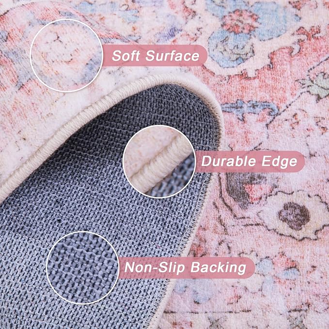 2x3 Entryway Rug, Honeycomb Non Slip Indoor Door Mat, Washable Small Area Rug, Vintage Floral Pink Rug for Bedroom Kitchen Entryway Bathroom