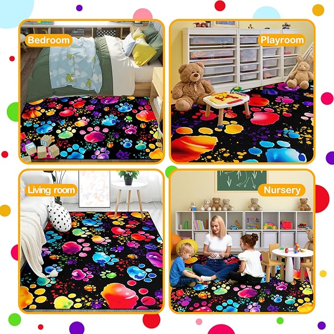 Paw Print Rug - Cute Colorful Dog Cat Paw Print Rugs Cartoon Animal Claw Carpet for Kids Bedroom Cute Animal Paw Themed Decorative Carpet for Playroom Soft Cartoon Decor for Classroom,2'5''×4'