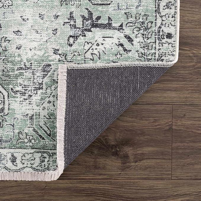 Hauteloom Carwyn Bohemian Vintage Medallion Area Rug - Farmhouse Oriental Carpet for Living Room, Bedroom - Machine Washable- Olive, Dark Green - 6'7" x 9'