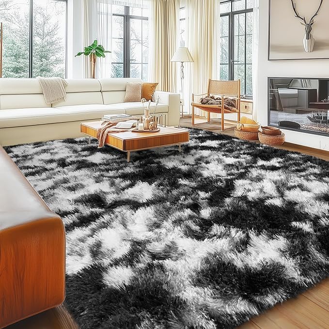 Black and White Area Rug for Bedroom 4x6, Ultra Soft Fluffy Shag Rugs, Modern Plush Indoor Carpet Non-Slip for Living Room Kids Room Nursery Dorm Home Decor