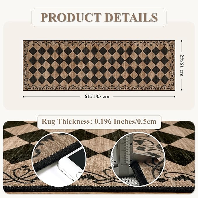 Beeiva Checkered Kitchen Runner Rug 2x6 Vintage Washable Runners for Hallways Non Slip Ultra Thin, Moroccan Framhouse Bathroom Runner Fall Brown Print Entryway Laundry Besides Home Decor (Brown/Black)
