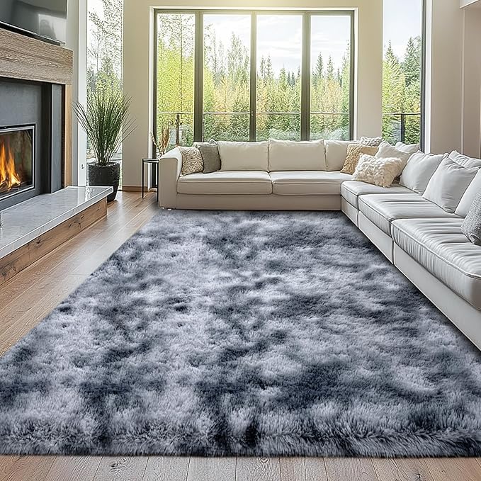 Grey Rugs for Living Room: 10x14 Large Shag Area Rugs for Living Room- Large Shag Rugs- Tie-Dyed Dark Grey Shaggy Big Mordern Indoor Carpets for Bedroom, (Tie-Dyed Dark Grey, 10x14)