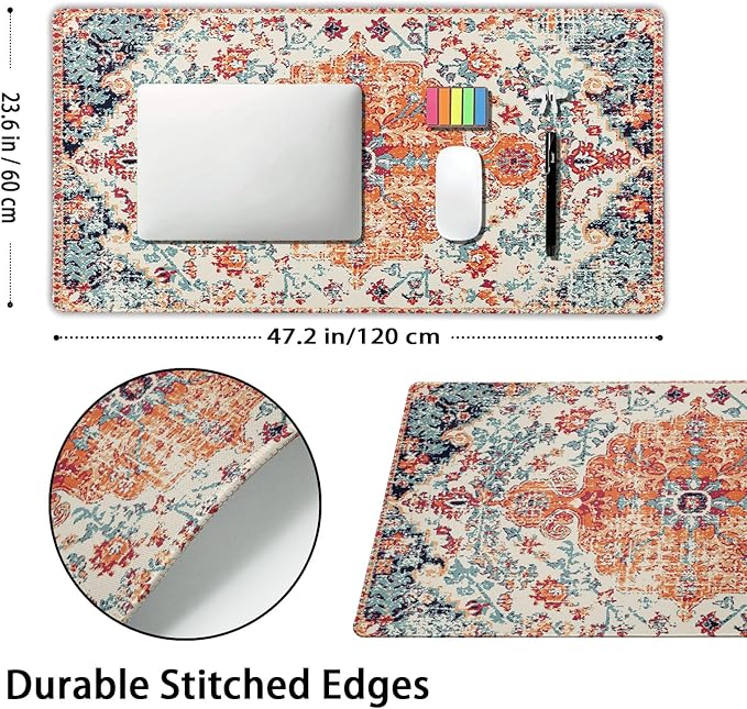 Orange Teal Boho Gaming Mouse Pad Extended 3XL Rug Carpet Bohemian Retro Large Desk Mat Big Mousepad Non-Slip Rubber Base Stitched Edge Long Desk Pad for Desktop Office PC Gamer,47.2x23.6 in,120x60cm
