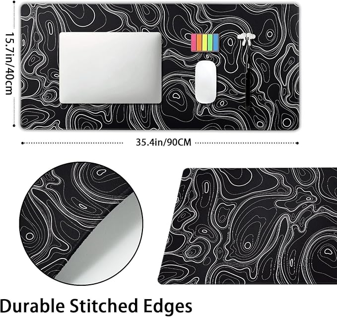 Topographic Map Black Gaming Mouse Pad XXL Minimalist Topo Geographic White Lines Extended Large Mousepad Desk Pad Non-Slip Rubber Base Stitched Edge Keyboard Pad Playmat for Computer,35.4×15.7 in