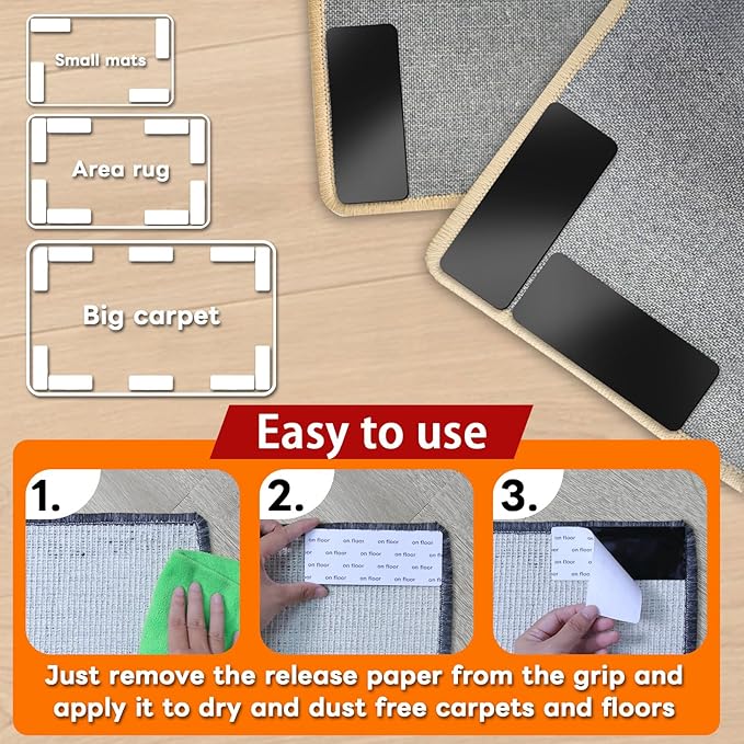 Rug Non Slip Grippers, 2 x 5 Inch Reusable Carpet Grippers Rug Tape for Hardwood Floors and Tiles, Removable and No Residue on Floor (8)