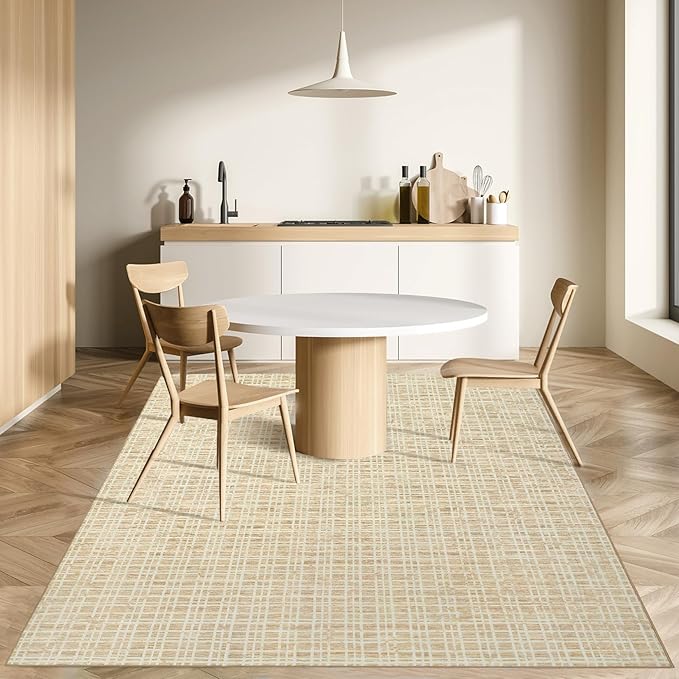 Living Room Rug 5x7 Area Rugs Washable Bedroom Rug Modern Plaid Neutral Area Rug Non Slip Throw Rugs Farmhouse Soft Faux Wool Low Pile Stain Resistant Carpet for Dining Room 5'x7' Yellow
