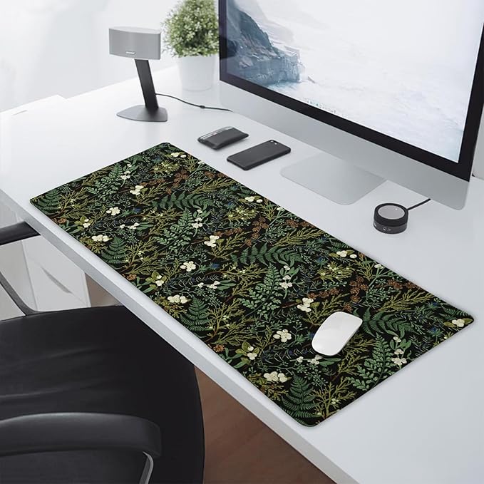 Black Aesthetic Vintage Botanical Gaming Mouse Pad XXL Cute Forest Green Plant Nature Floral Extended Large Mouse Pad Big Mousepad Non-Slip Stitched Edge Long Mat for Desk Office Computer,35.4x15.7 in