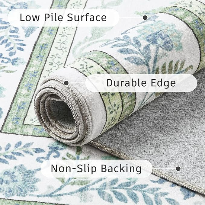 DCX Green 5x7 Area Rug, Machine Washable Non Slip Stain Resistant Soft Vintage Floral Rug, for Living Room, Bedroom, Playroom, Soft Low Pile Large Nursery Carpet
