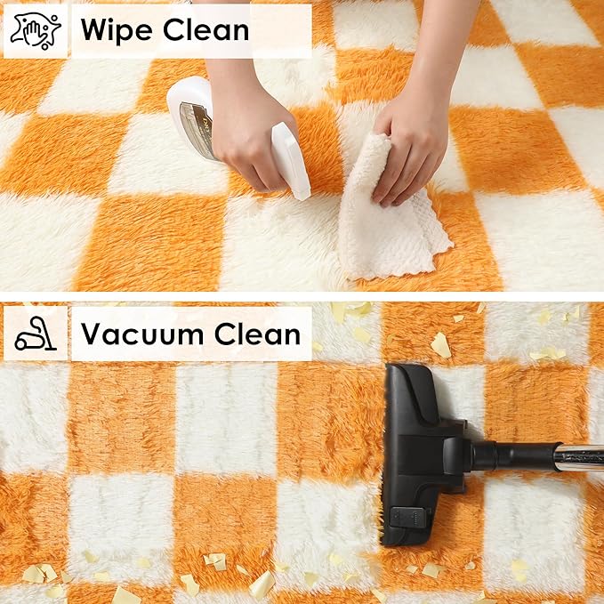 KICMOR Round Rugs 5ft Orange and Cream White Circle Area Rug, Fluffy Soft Fuzzy Shag Shaggy Bedroom Living Room Carpet, Indoor Checkered Circular Rug for Kid Boys Girls Home Decor Aesthetic, Nursery