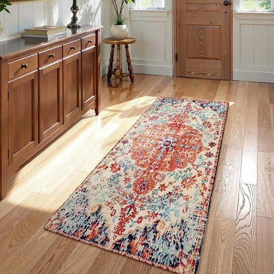 Lahome Bohemian Floral Medallion Runner Rug - 2x4 Washable Laundry Room Hallyway Runner Rug Doormat,Oriental Distressed Faux Wool Non-Slip Bath Mat Low-Pile Carpet for Kitchen Bathroom Entryway,Orange