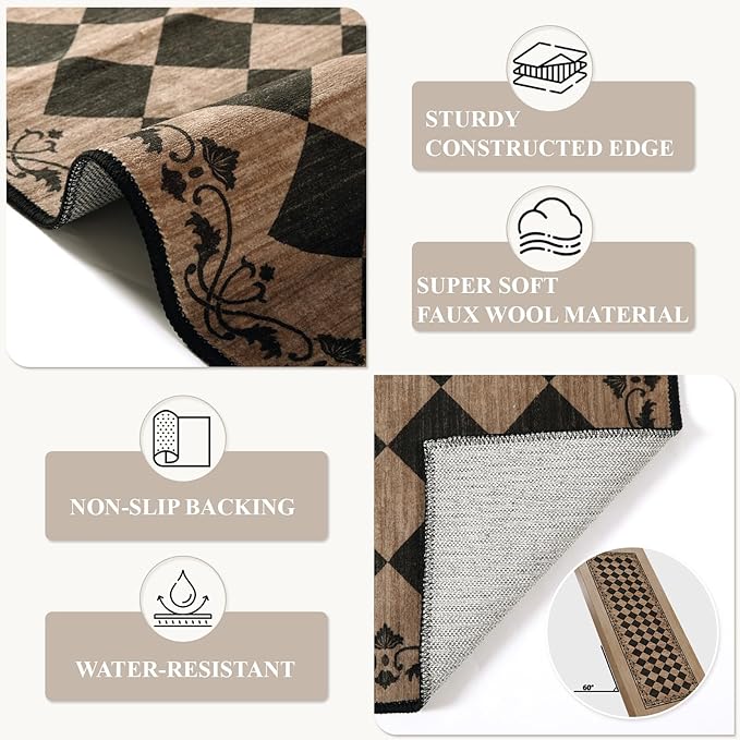 Beeiva Checkered Kitchen Runner Rug 2x6 Vintage Washable Runners for Hallways Non Slip Ultra Thin, Moroccan Framhouse Bathroom Runner Fall Brown Print Entryway Laundry Besides Home Decor (Brown/Black)