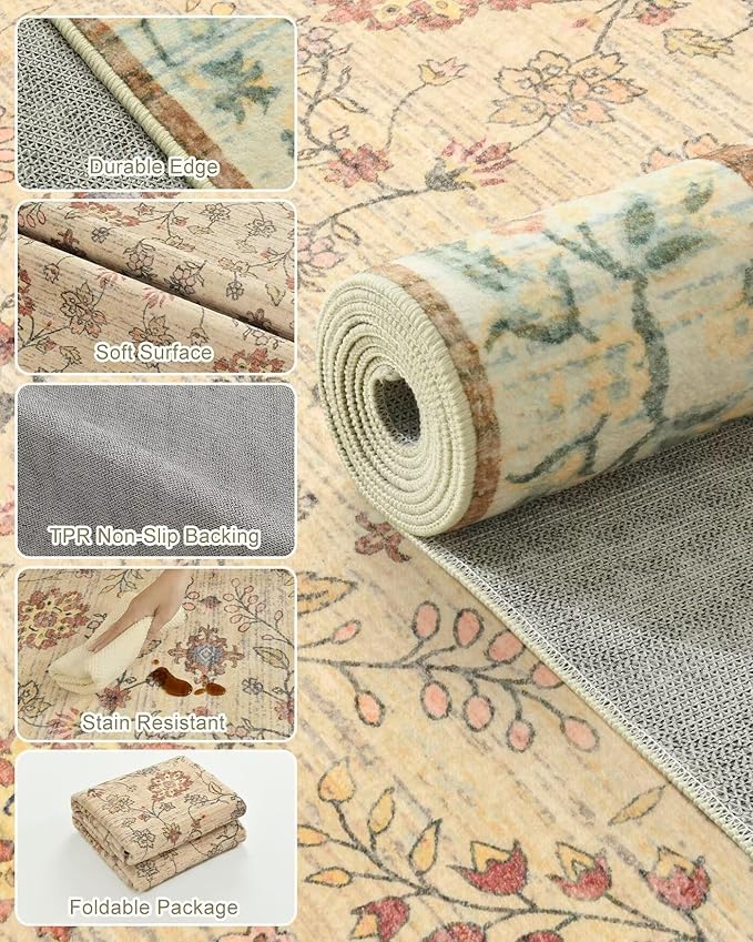 5x7 Washable Boho Area Rug for Living Room, Vintage Floral Non Slip Bedroom Rugs, Soft Low Pile Carpet for Kitchen Bathroom Farmhouse Nursery Kids Room Dining Room, Beige/Green