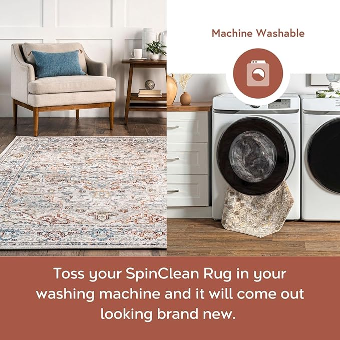 nuLOOM SpinClean Cady Beige/Ivory, 3' x 5', Vintage Oriental, Soft and Cozy, High Traffic, Stain Resistant, Easy Clean, Durable, Machine Washable Runner for Bedroom, Living Room, Dining, Foyer