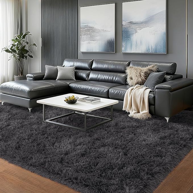 Shag Rugs 4x6 for Bedroom Living Room Dorm, Fluffy Shaggy Plush Area Rug Non-Slip Washable Floor Carpet for Bedside Playroom Nursery Girls Boys Room, Anthracite Gray