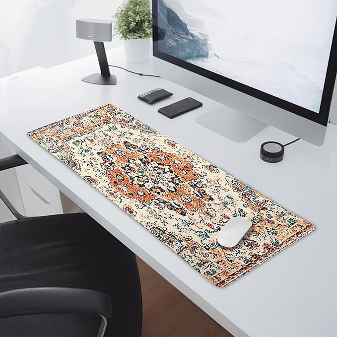 Vintage Rug Gaming Mouse Pad XL Orange Teal Retro Carpet Aesthetic Extended Large Mat Bohemian Boho Mousepad Desk Pad Non-Slip Rubber Base Stitched Edge Flower Keyboard Pad for Computer,31.5×11.8 in