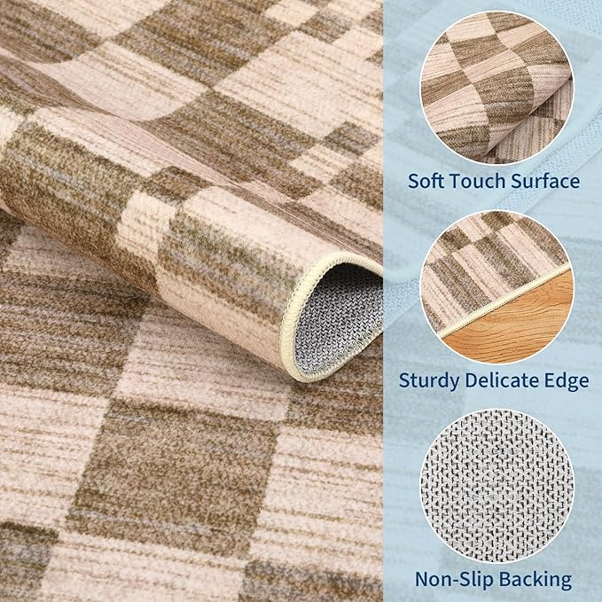 GarveeHome Brown Checkered Rug 6×9 Area Rugs for Living Room,Non-Slip Geometric Tan Brown Print Washable Rug Soft Low-Pile,Neutral Modern Checkerboard Farmhouse Rugs for Bedroom Dining Room