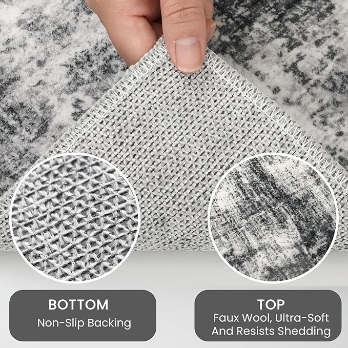IOHOUZE Modern Abstract Area Rugs 5x7 Ft Washable Rugs for Living Room, Non Slip Dining Room Rug, Printed Faux Wool Rugs for Bedroom, Floor Carpet for Office Nursery Playroom, Black Grey