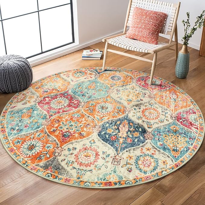 Lahome Moroccan Trellis Washable Round Rugs, Non-Slip Soft Round Rug 4ft Ultra-Thin, Small Vintage Circle Carpet for Entryway Kitchen Bedroom Nursery Bathroom, Cream/Multi