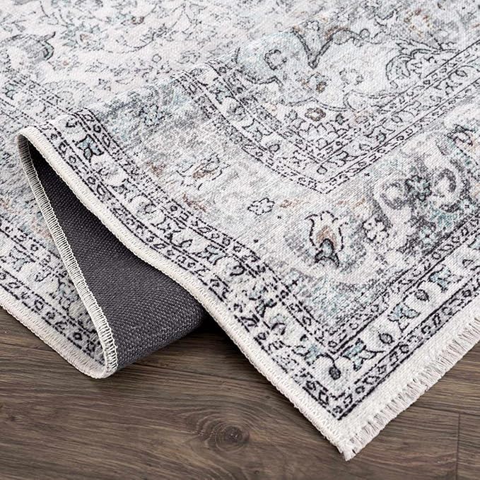 Hauteloom Boyana Bohemian Vintage Medallion Area Rug - Farmhouse Oriental Carpet for Living Room, Bedroom - Machine Washable- Light Blue, Off White, Charcoal - 7'10" x 10'3"