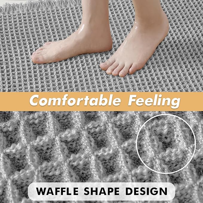 MIULEE Set of 2 Waffle Bathroom Runner Rugs, Boho Bath Rugs Non Slip Washable, Super Absorbent Bath Mats, Rubber Backed Shower Mats for Hallway Bedroom Laundry Room, Light Grey, 2'x4'(24x48 Inch)