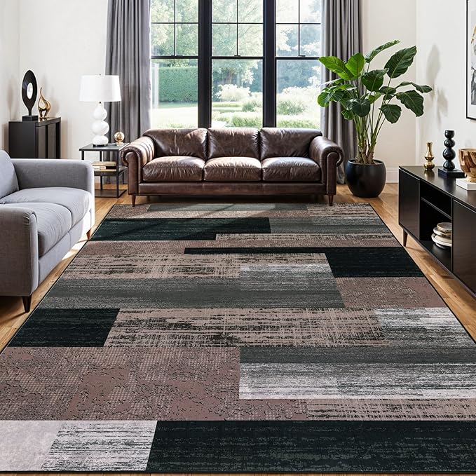 10x14 Washable Area Rugs for Living Room and Bedroom, Vintage Checkered Pattern Non-Slip Carpet, Stain Resistant Low Pile Soft Rug for Dining Room,Office,Nursery,Kids Room(10x14,Chocolate)
