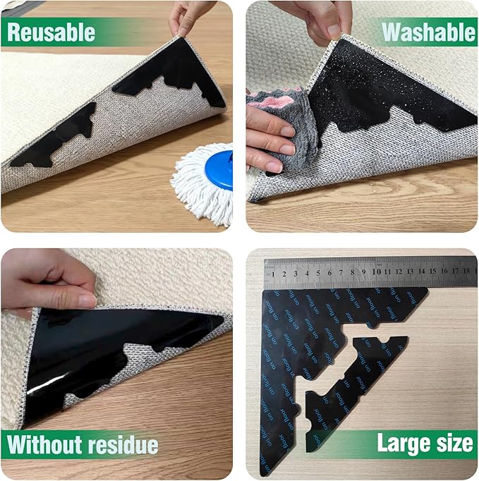 Large Non Slip Rug Pads 8 Pcs,Reusable Double Sided Carpet Tape for Hardwood Floors and Tiles,Extra Thick and Double Sided Adhesive to Secure Area Rugs,No Residue for Floor