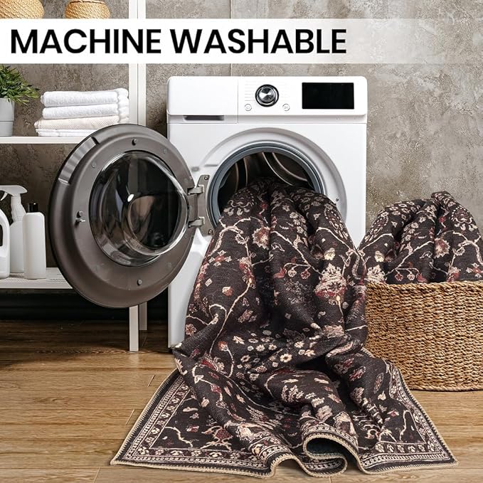 GLN Rugs Bohemian Collection - Machine Washable Area Rug, Bohemian Vintage, Non Slip, Low Pile Chenille Rug, Living Room, Bedroom, Bathroom Rug (2'x3' Black)