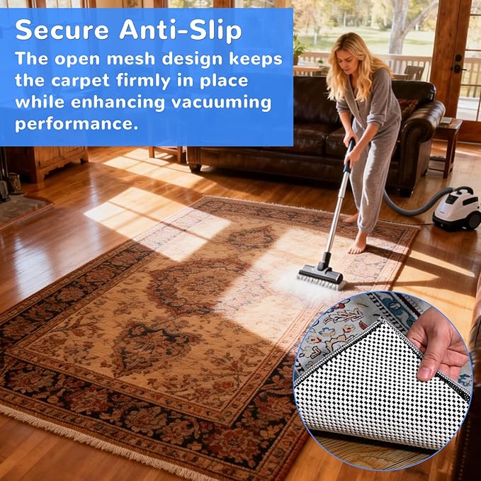 Non Slip Rug Pad Gripper 3x5 FT for Hardwood Floors, Eco-Friendly Anti Skid Mat Under Area Rugs, Keeps Rugs Safe and Flat, Odorless Cushioned Pad for Floor Protection, Easy to Trim Multi-Use Mat