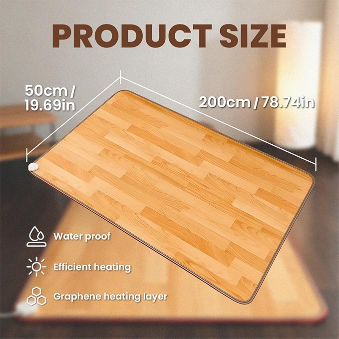 Heated Floor Rug, Heated Floor Carpet, Electric Heated Mat with Adjustable Temperature 12 Hour Timer, Radiant Floor Heater, for Yoga/Indoor/Under Desk (20x79 Inch/50x200 cm)