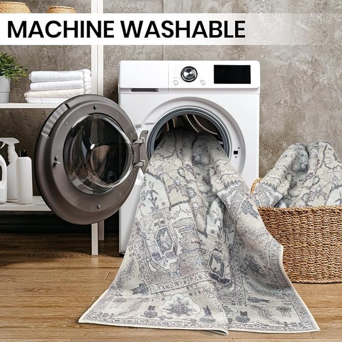 GLN Rugs Bohemian Collection - Machine Washable Area Rug, Bohemian Vintage, Non Slip, Low Pile Chenille Rug, Living Room, Bedroom, Bathroom Rug (2'x3' Beige and Gray)