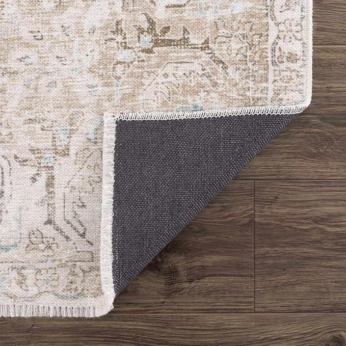 Hauteloom Caylin Bohemian Vintage Medallion Area Rug - Farmhouse Oriental Carpet for Living Room, Bedroom - Machine Washable- Cream, Dark Brown, Peach - 7'10" x 10'3"