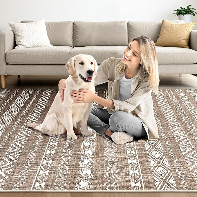 Area Rug Living Room Rugs - 10X14 Washable Boho Farmhouse Bohemian Neutral Large Moroccan Geometric Soft No Slip Indoor Thin Floor Carpet for Bedroom Under Dining Table Home Office -Dark Brown