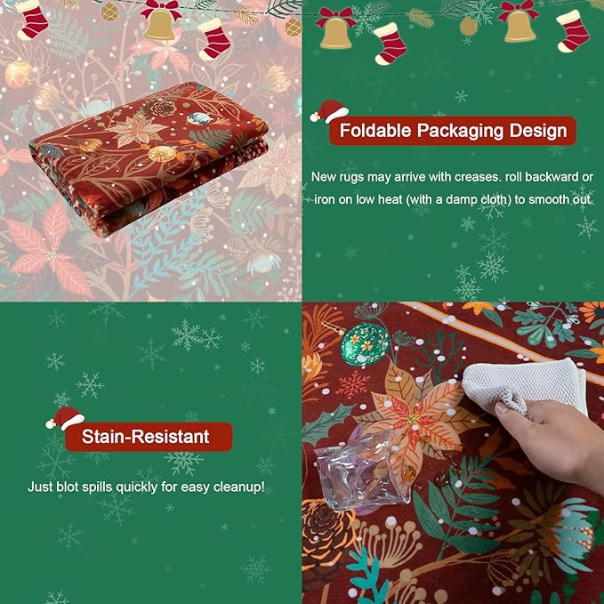 Anidaroel Christmas Area Rug 5x7, Botanical Floral Washable Xmas Rugs for Living Room Holiday Decor, Non-Slip Soft Modern Bedroom Rug, Low Pile Indoor Throw Carpet for Nursery, Home Office, Red