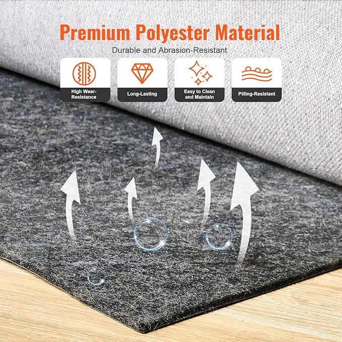 VEVOR 8' x 10' Rug Pad Gripper Without Slip-Resistance - 1/2" Thick Polyester Felt Padding Cushion for Area Carpet Runner Hardwood Floors Living Room - Grey